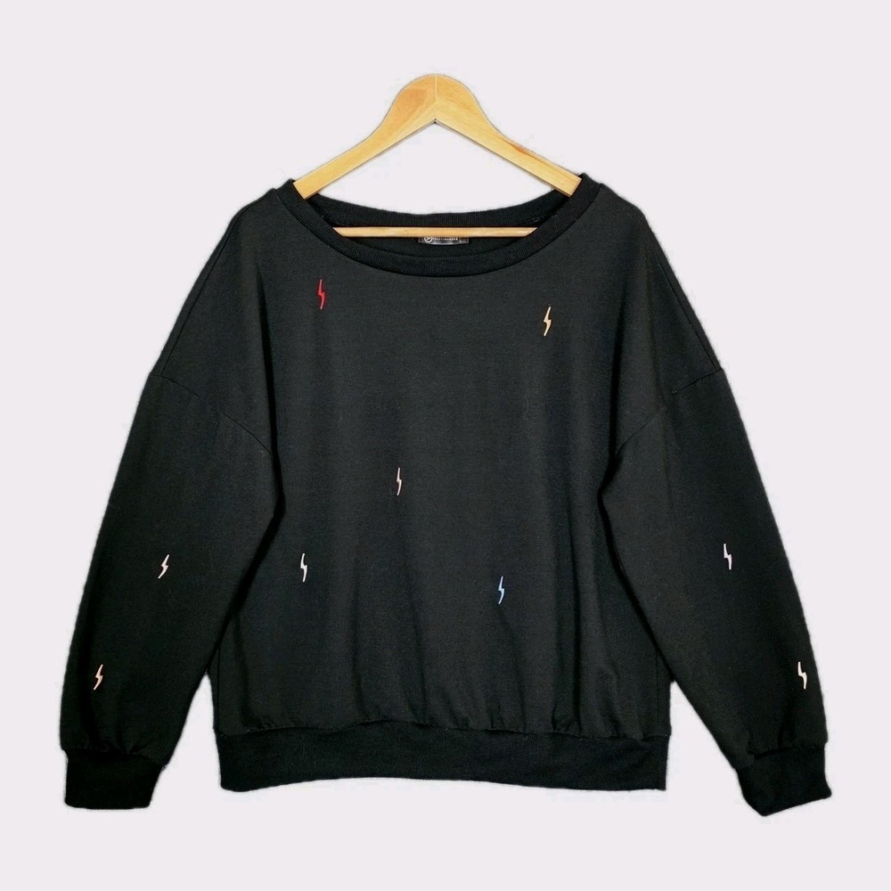 Pretty‎ Garden Sweatshirt Women's L Rainbow Lightning Bolt Embroidered Black